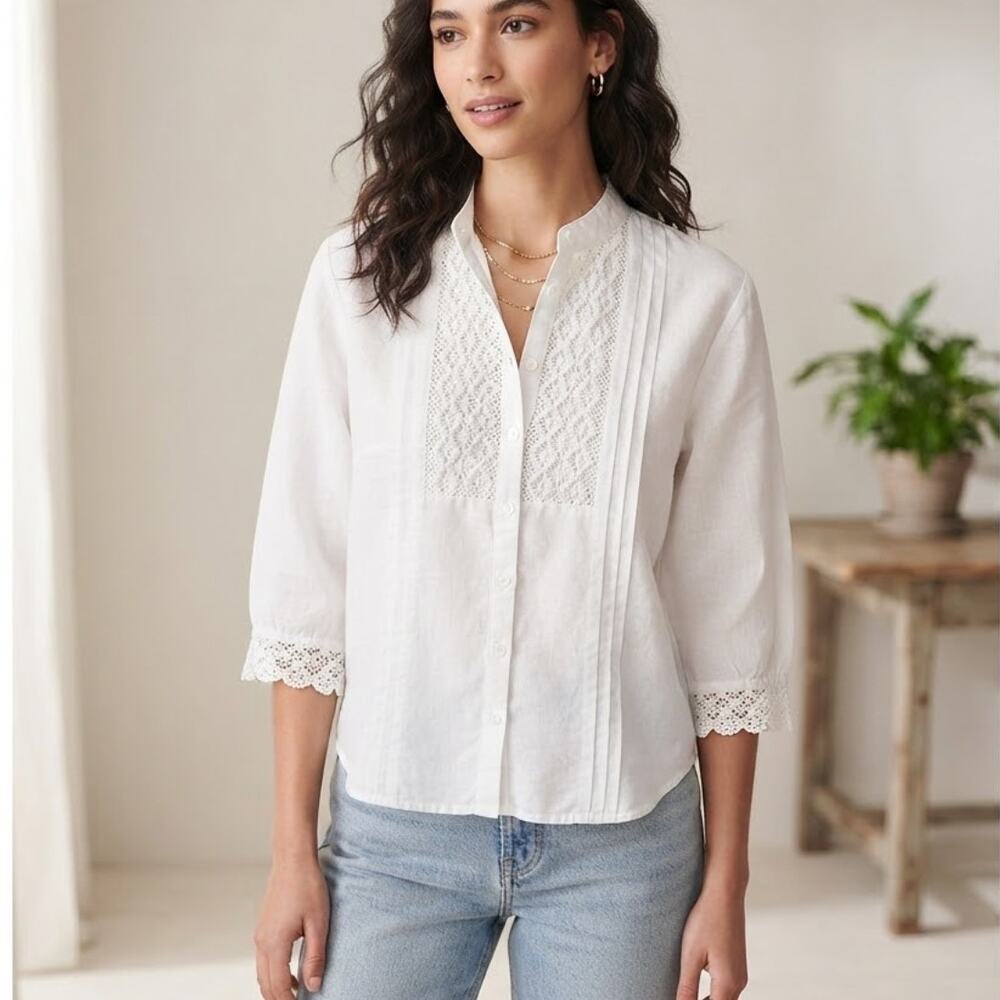 Jones New York White Lace Button Shirt Size PL Pintucked Romantic Boho Blouse